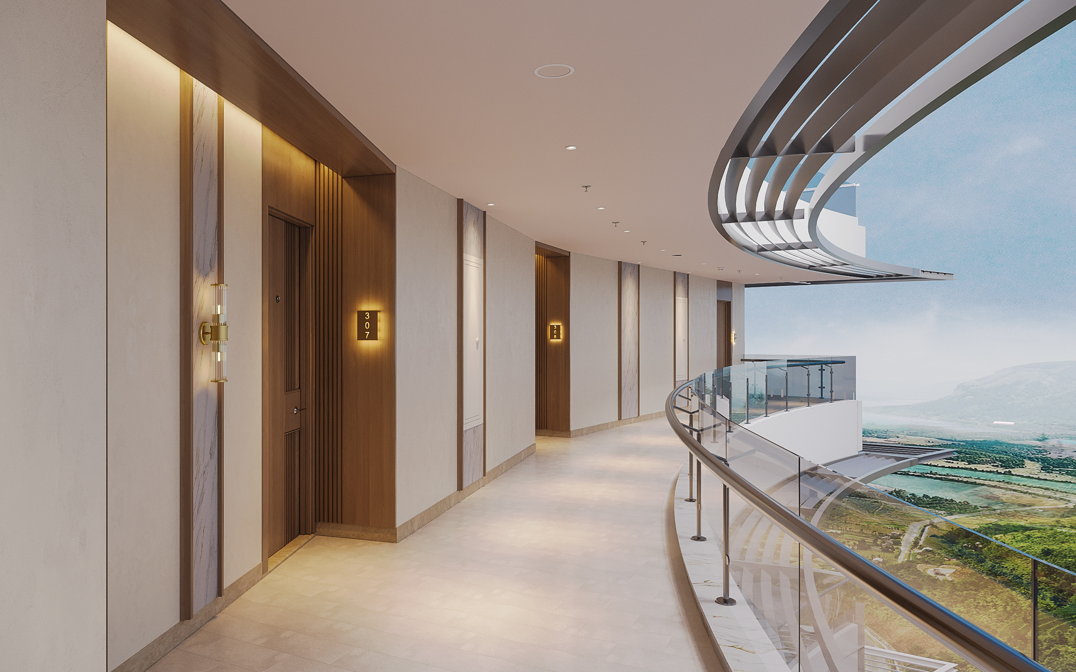 a hallway with a glass railing