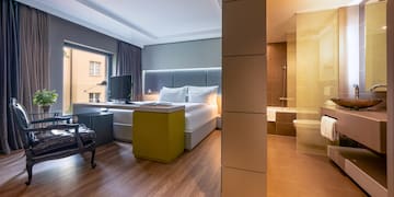 a room with a bed and a tub