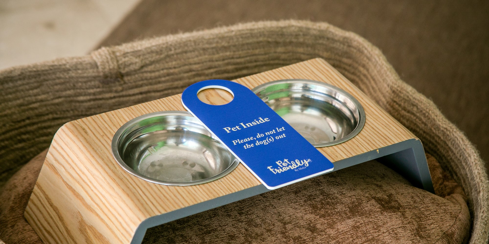 a dog food bowl on a chair