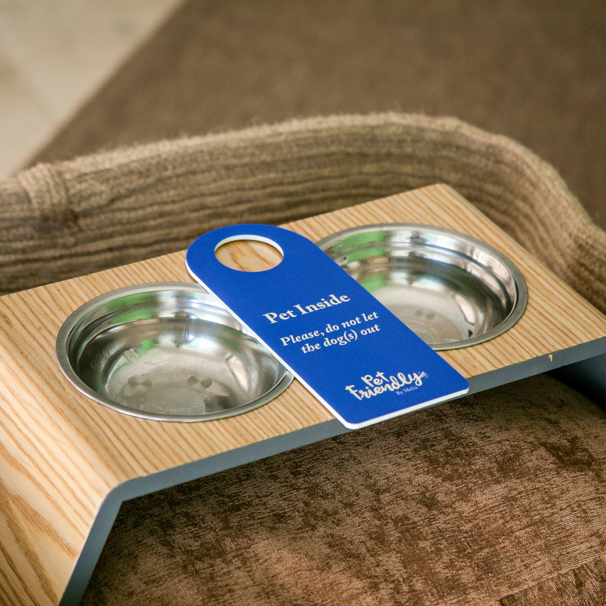 a dog food bowl on a chair
