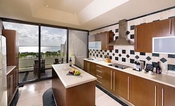 a kitchen with a glass door
