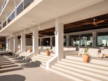 a white building with white pillars and a couch and potted plants