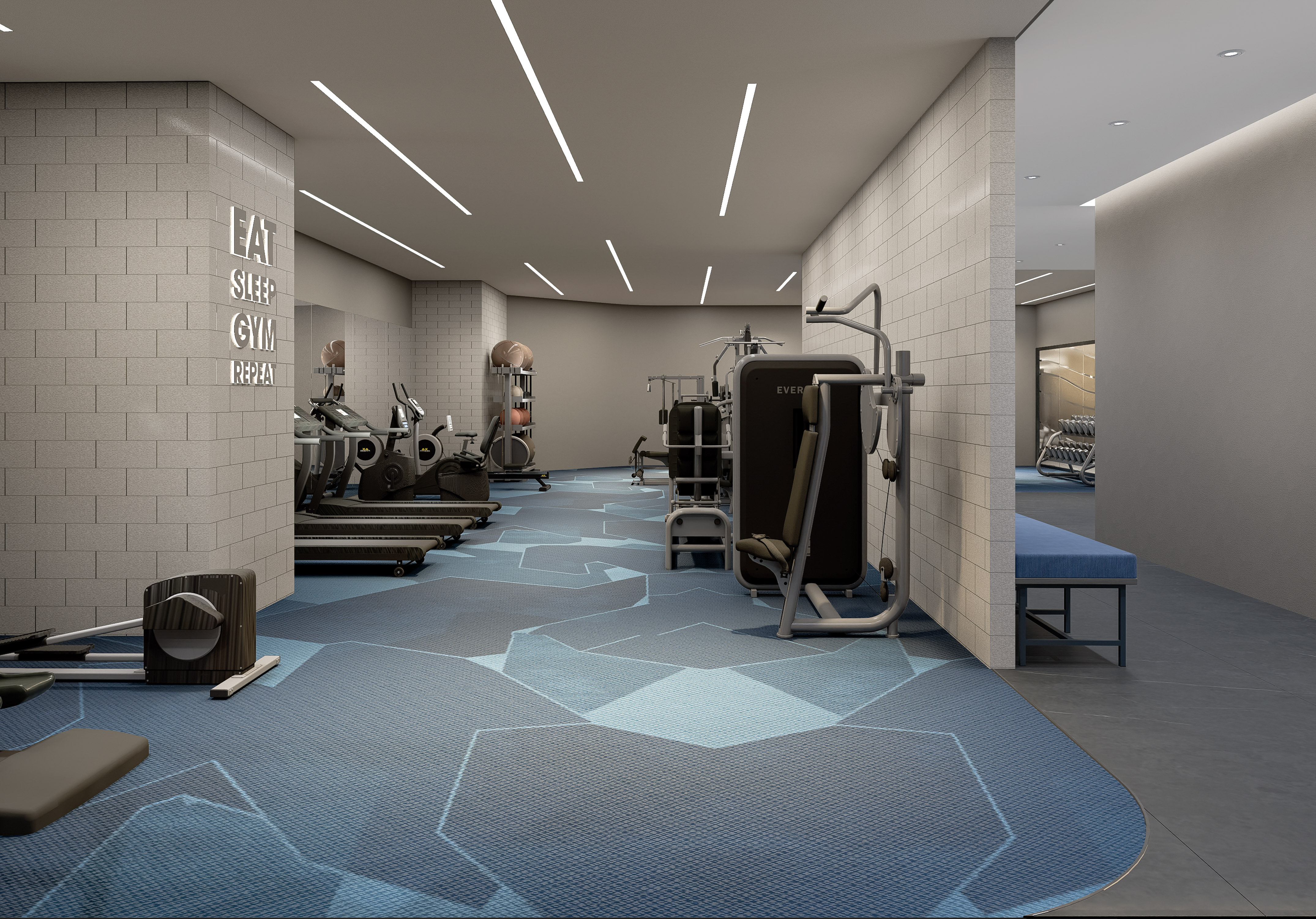 Gym interior with cardio and weight equipment, blue geometric floor.