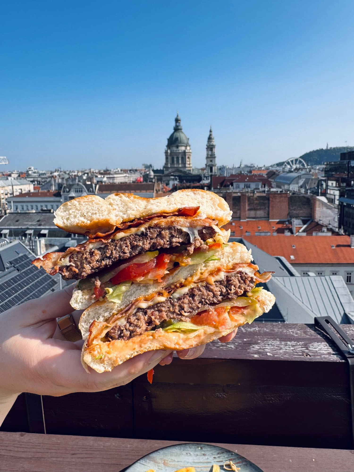 a hand holding a burger with a city in the background