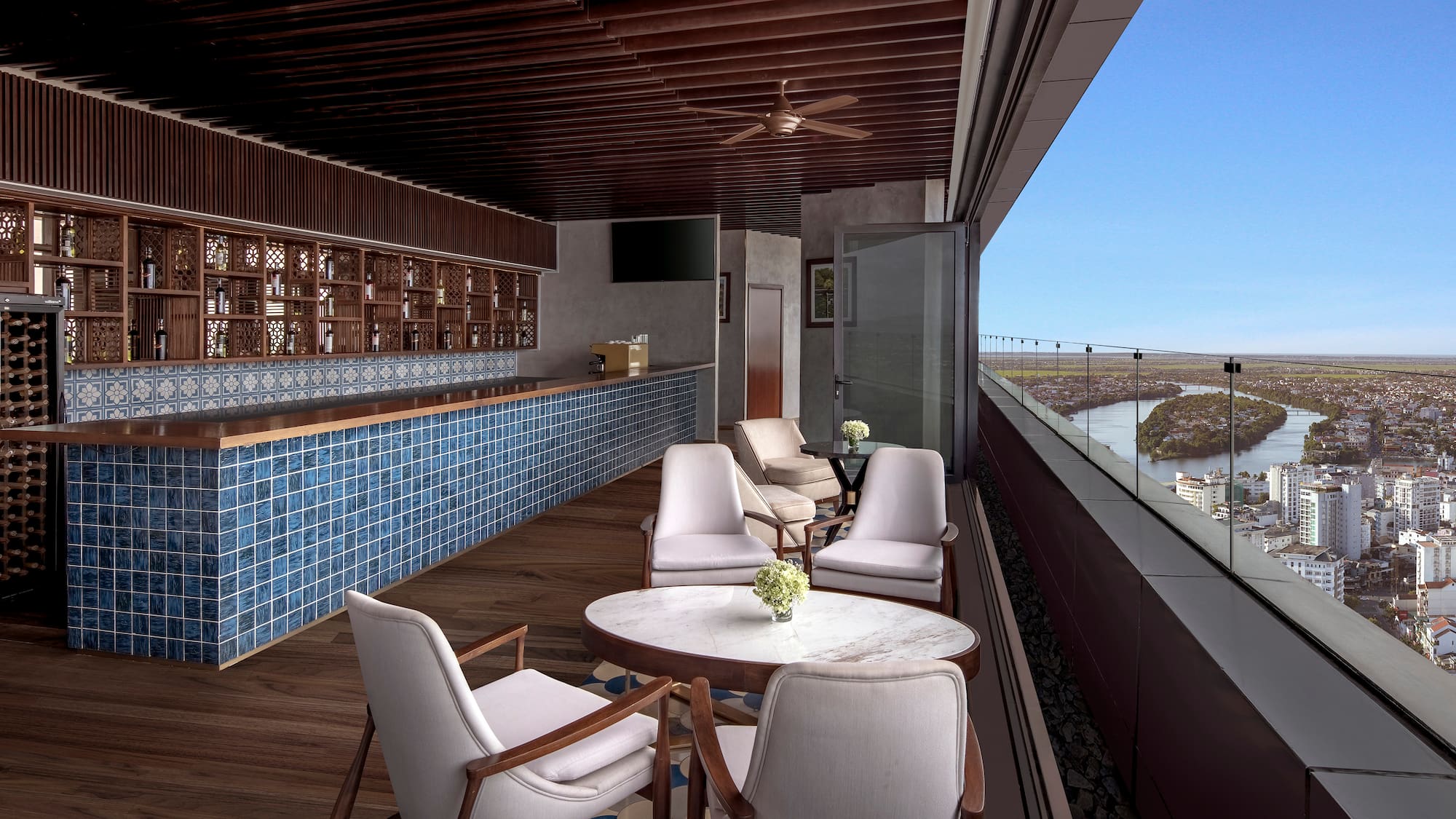 a patio with chairs and tables