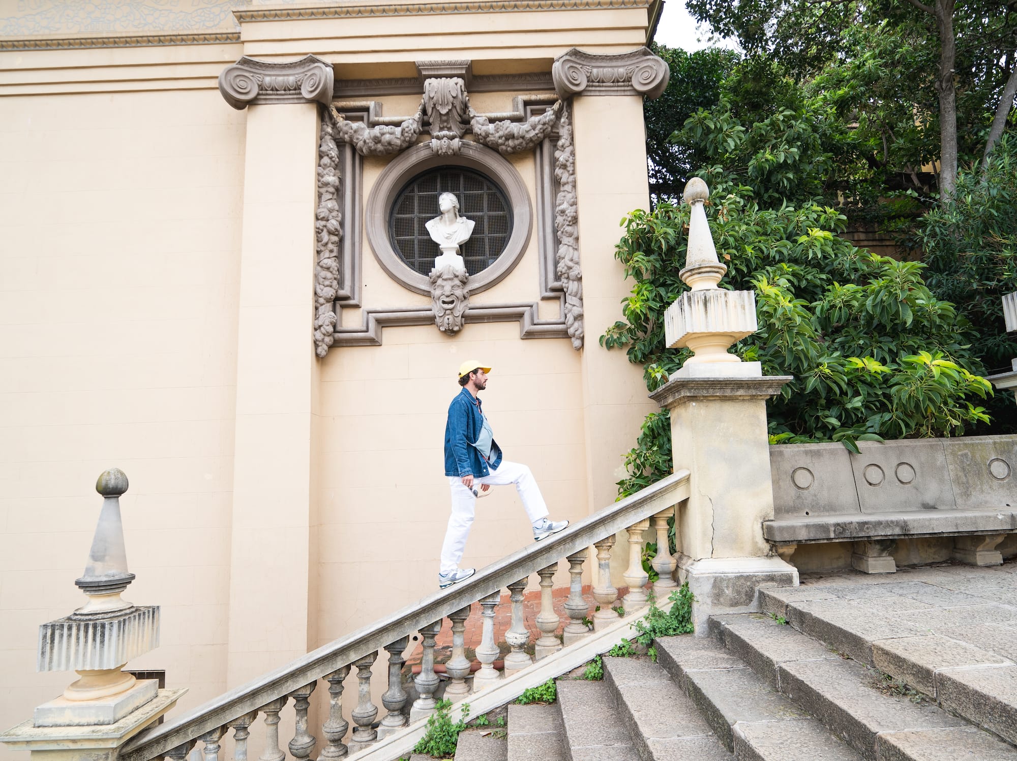 a man walking up a staircase
