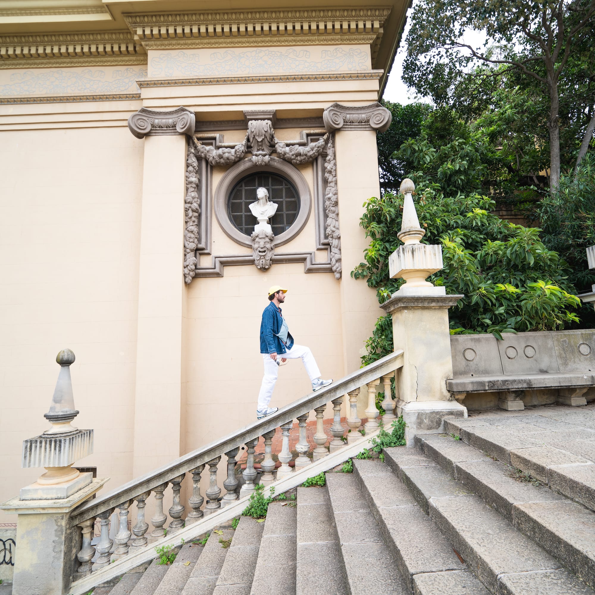 a man walking up a staircase
