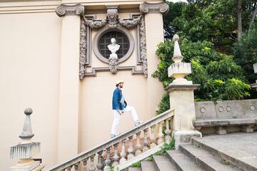 a man walking up a staircase