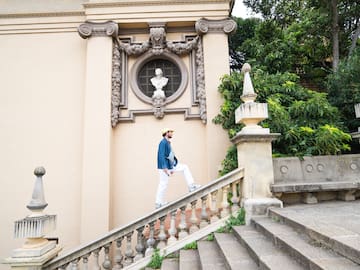 a man walking up a staircase