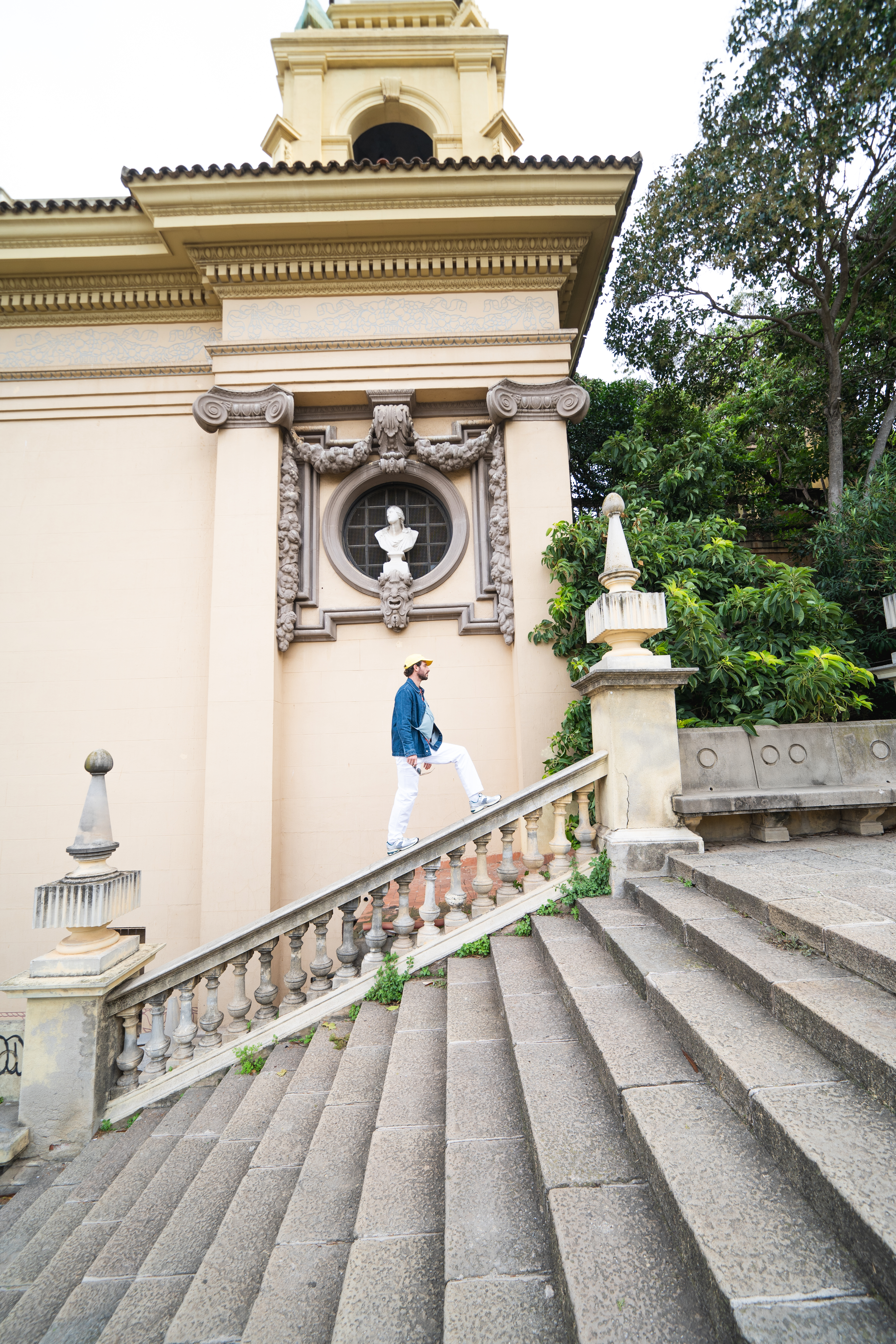 a man walking up a staircase