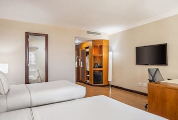 a room with two beds and a television