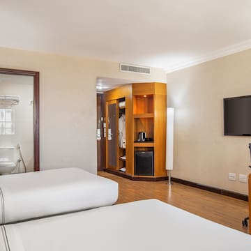 a room with two beds and a television