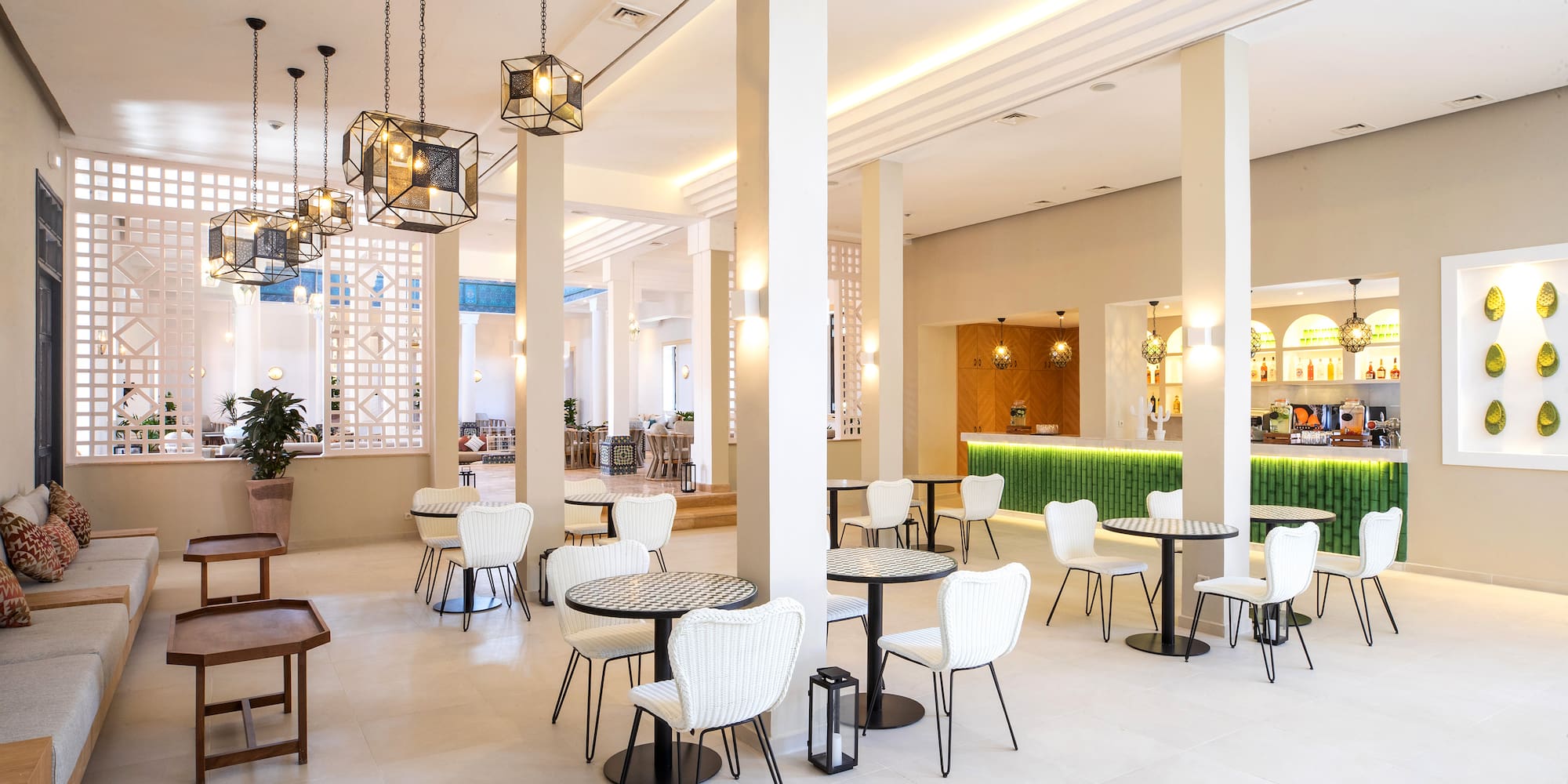 a room with tables and chairs