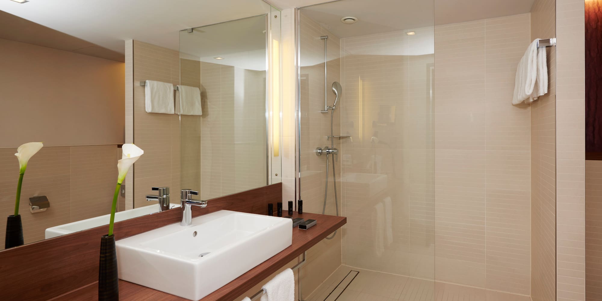 Modern hotel bathroom with white sink, wooden vanity, large mirror, glass shower.