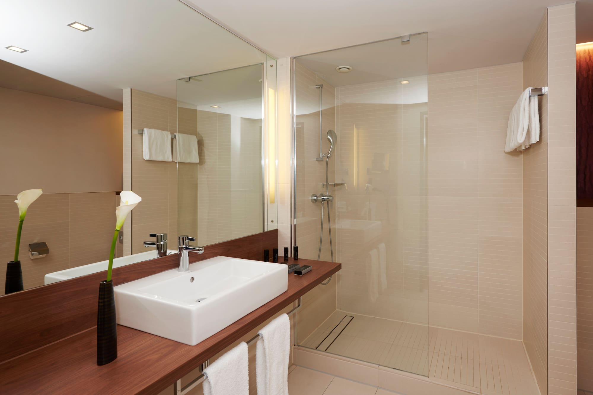 Modern hotel bathroom with white sink, wood vanity, mirror, and glass shower.