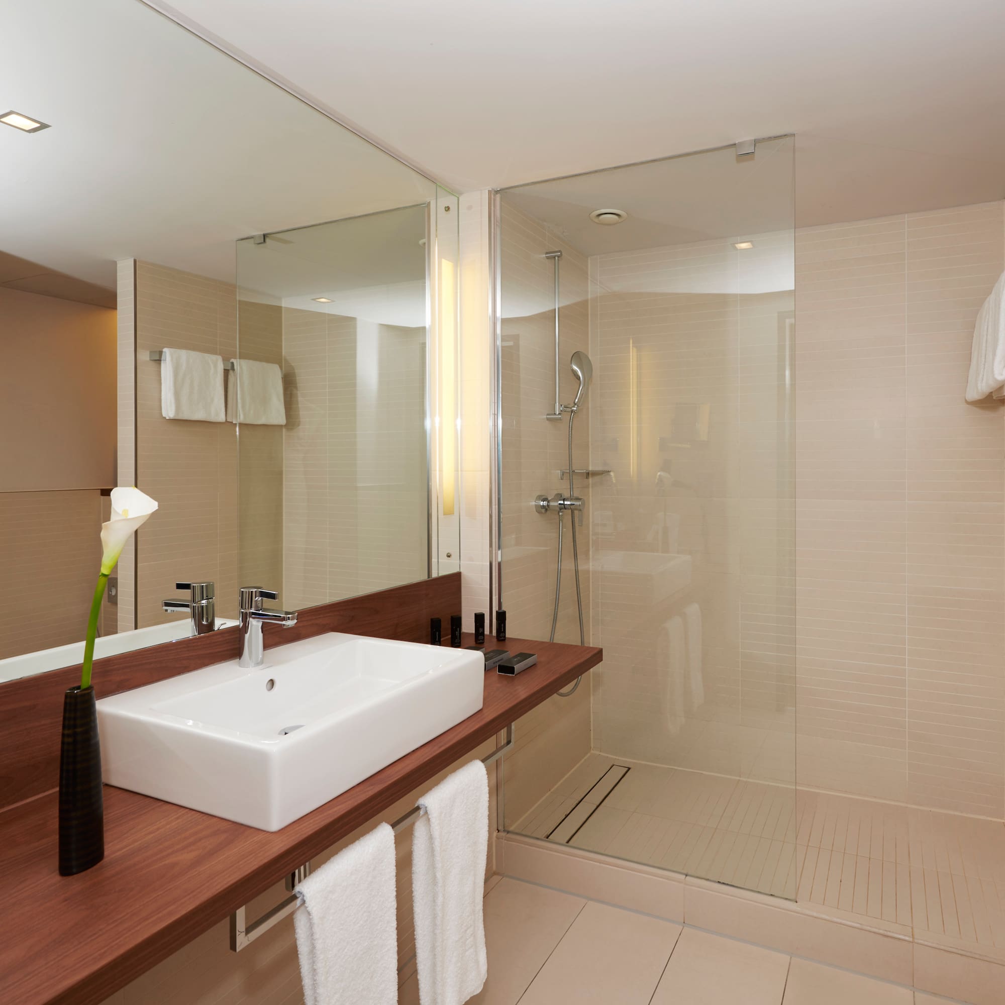 Modern hotel bathroom with white sink, wood vanity, mirror, and glass shower.