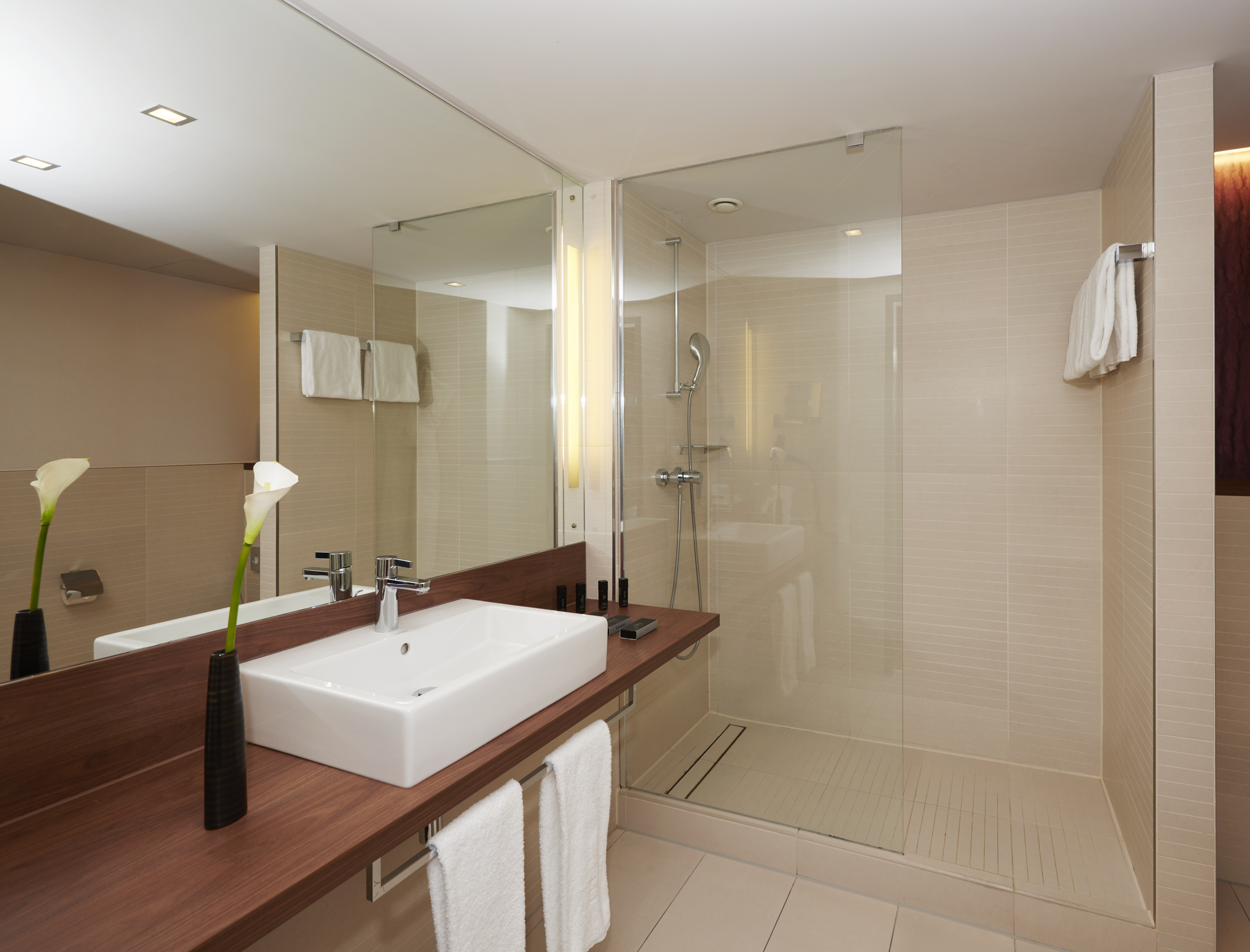 Modern hotel bathroom with white sink, wood vanity, mirror, and glass shower.