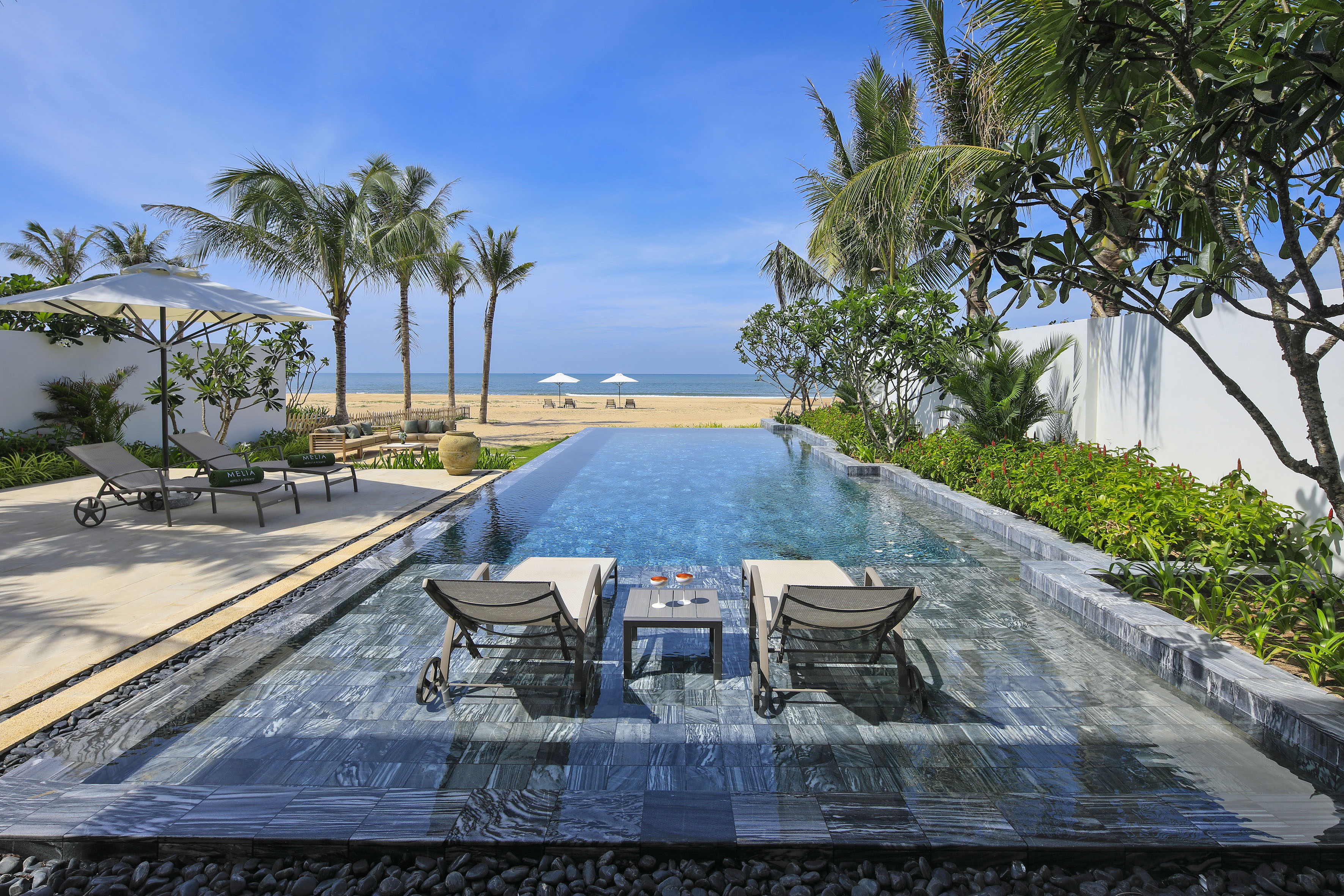Tropical beachfront infinity pool, sun loungers, palm trees, ocean view.