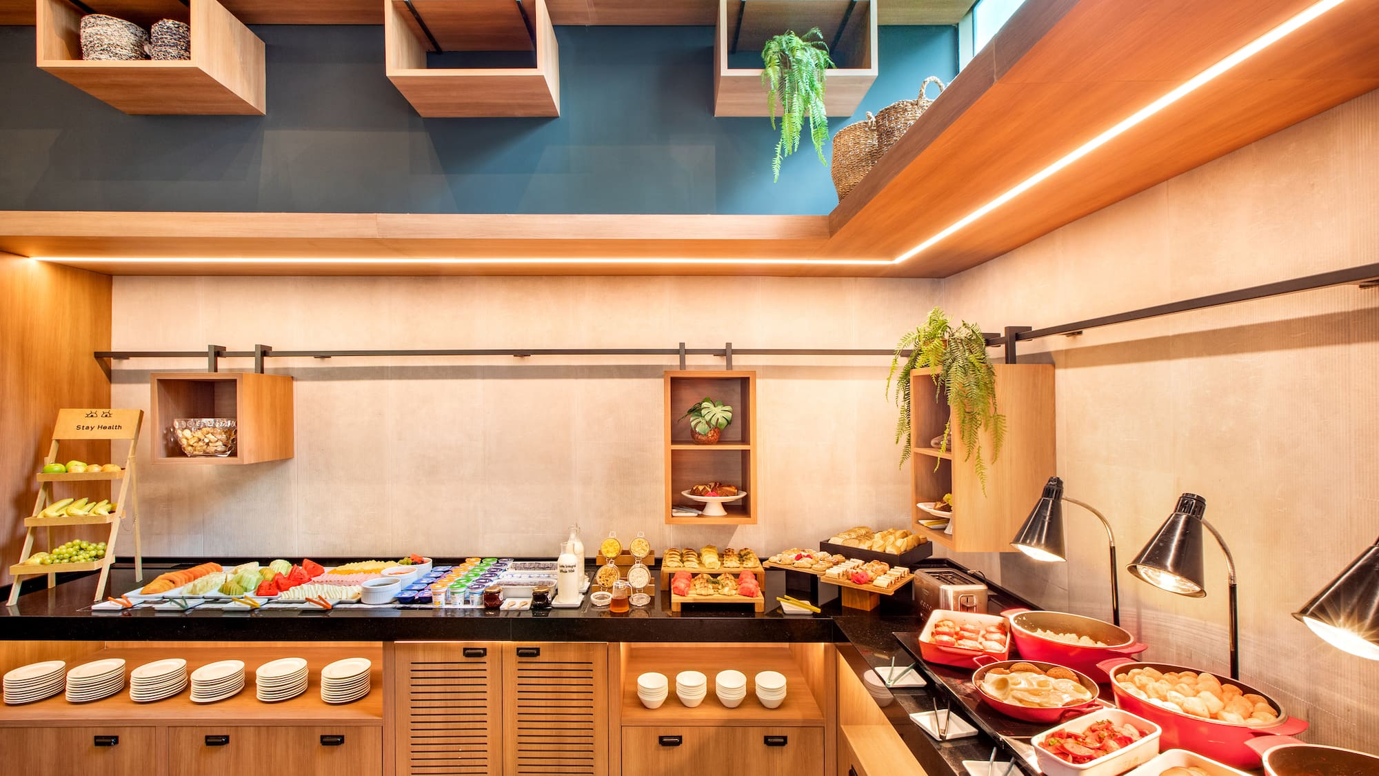 a buffet with food on the counter