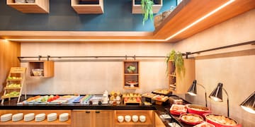 a buffet with food on the counter