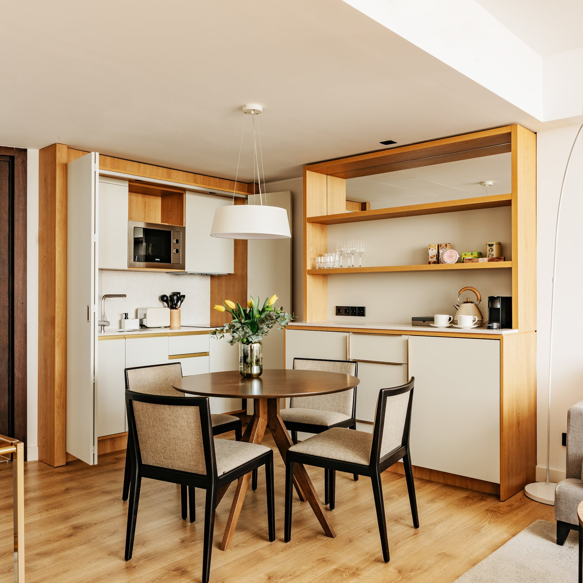 a living room with a couch and a table