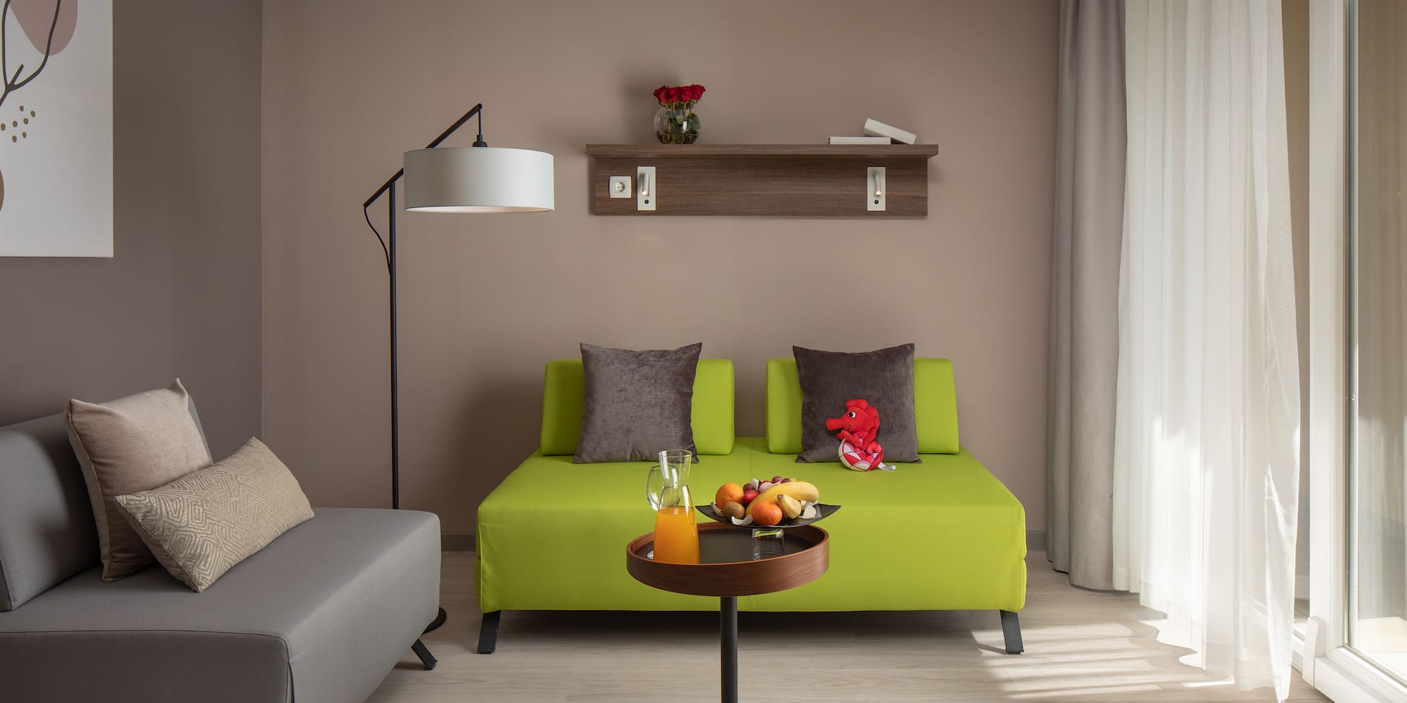 a living room with a couch and a table