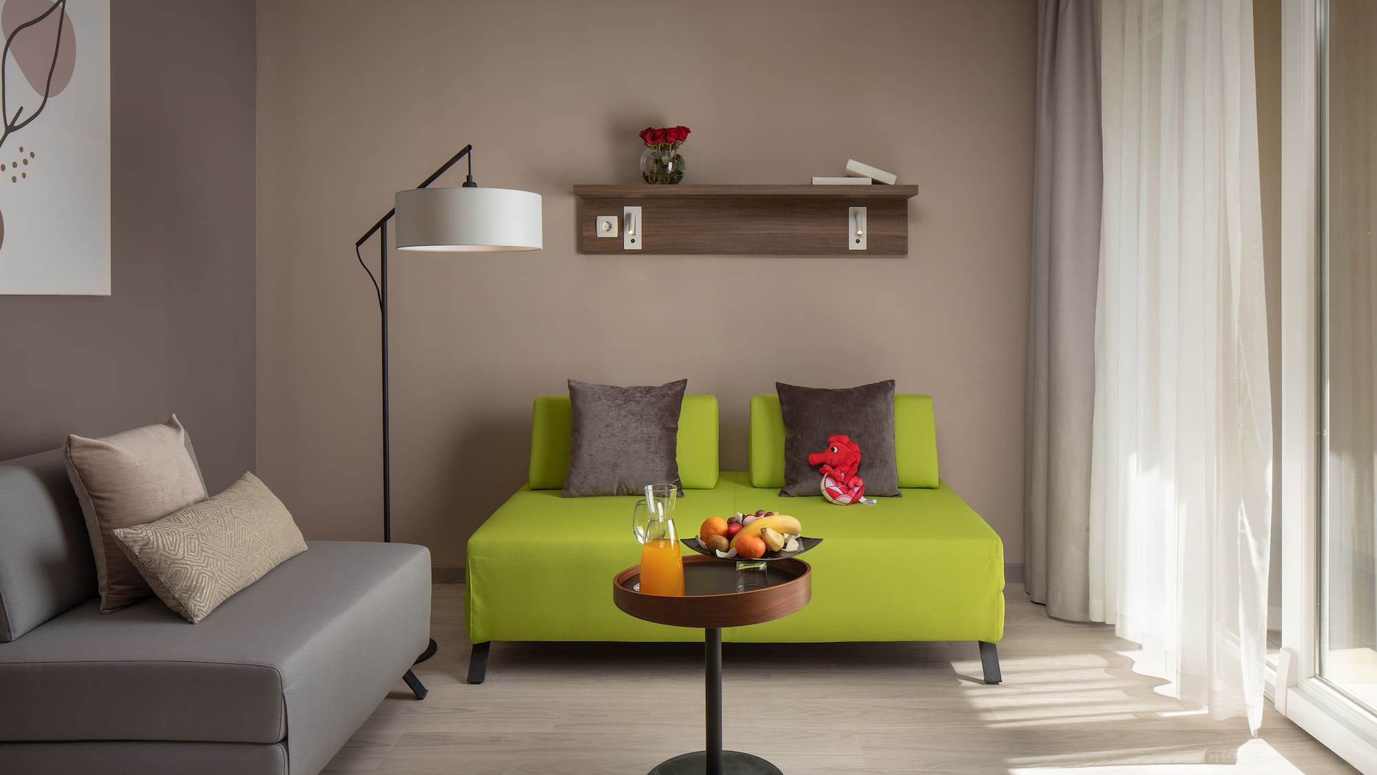 a living room with a couch and a table