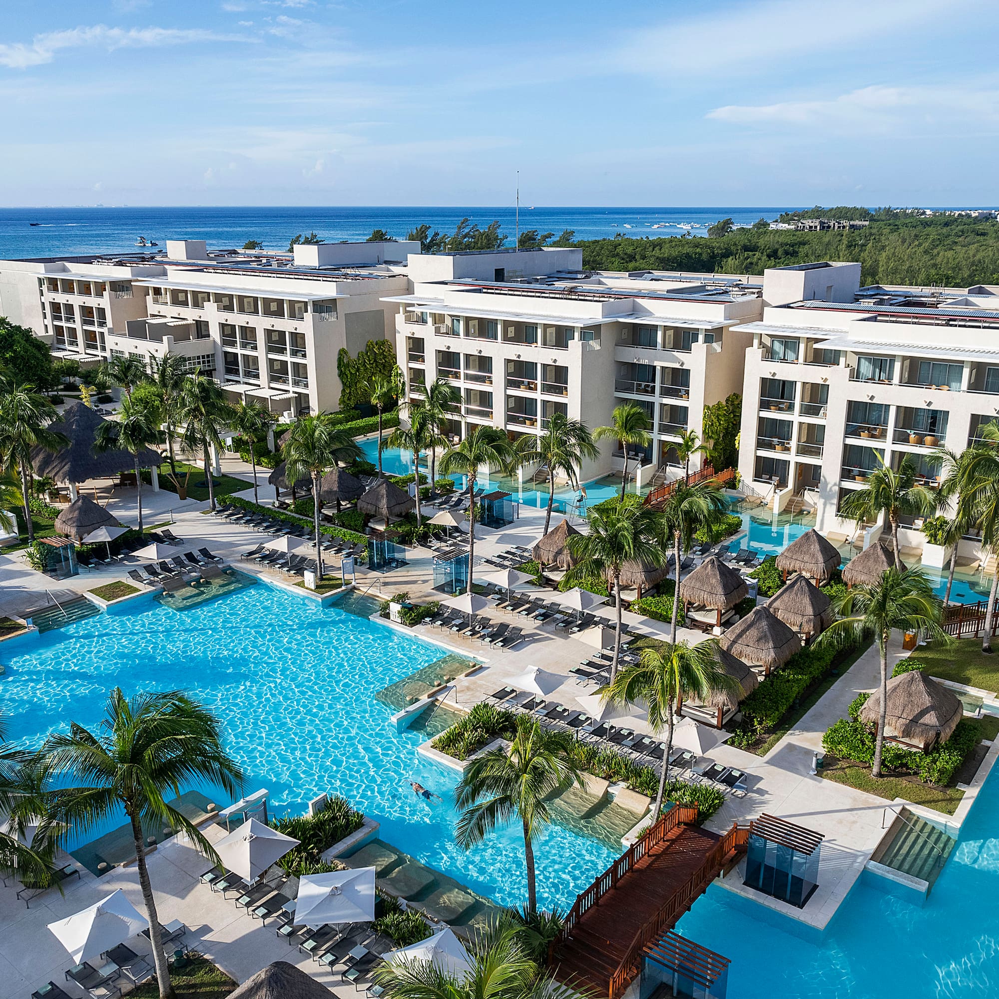 a swimming pool with palm trees and buildings