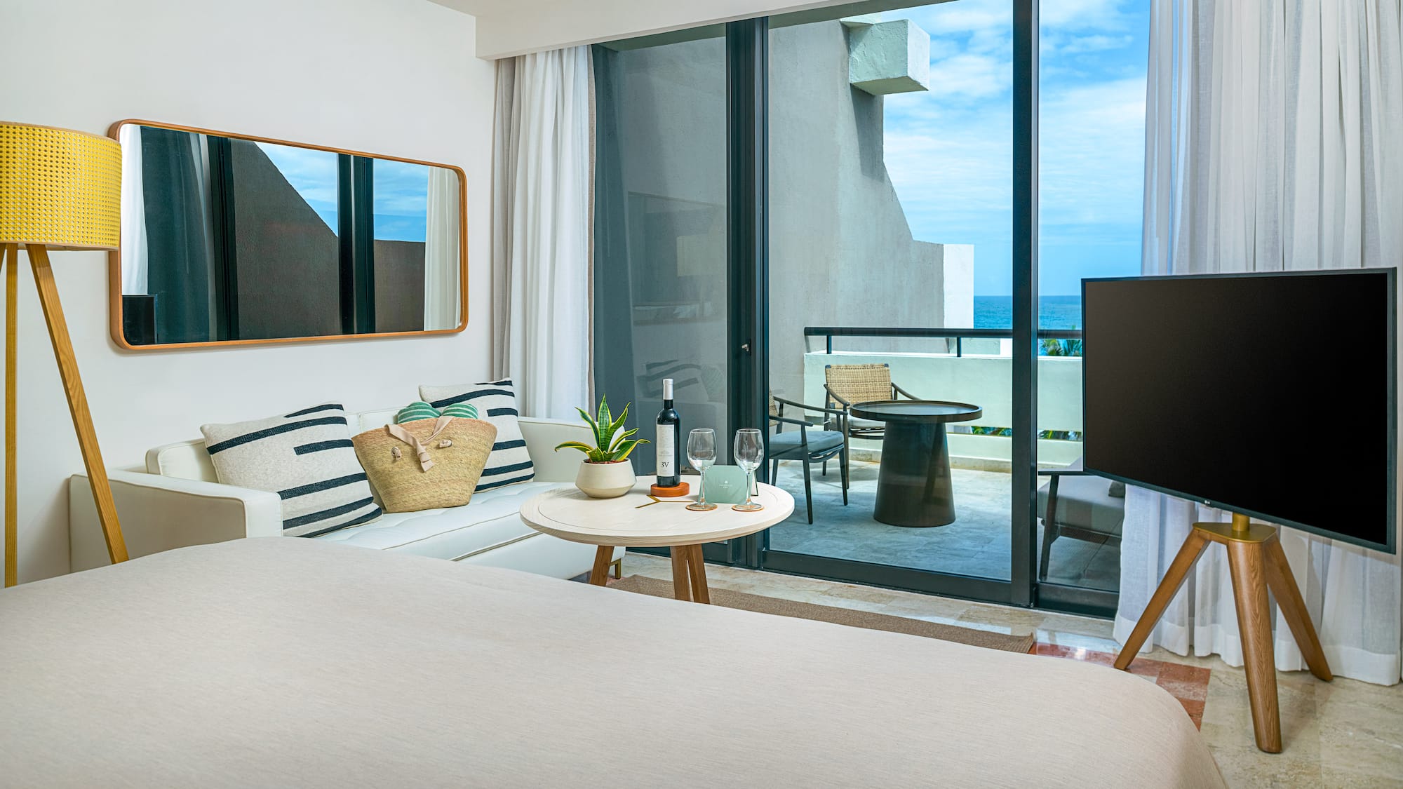 a room with a television and a table