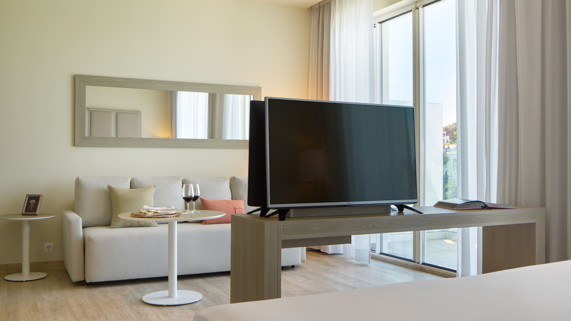 a television on a table in a room