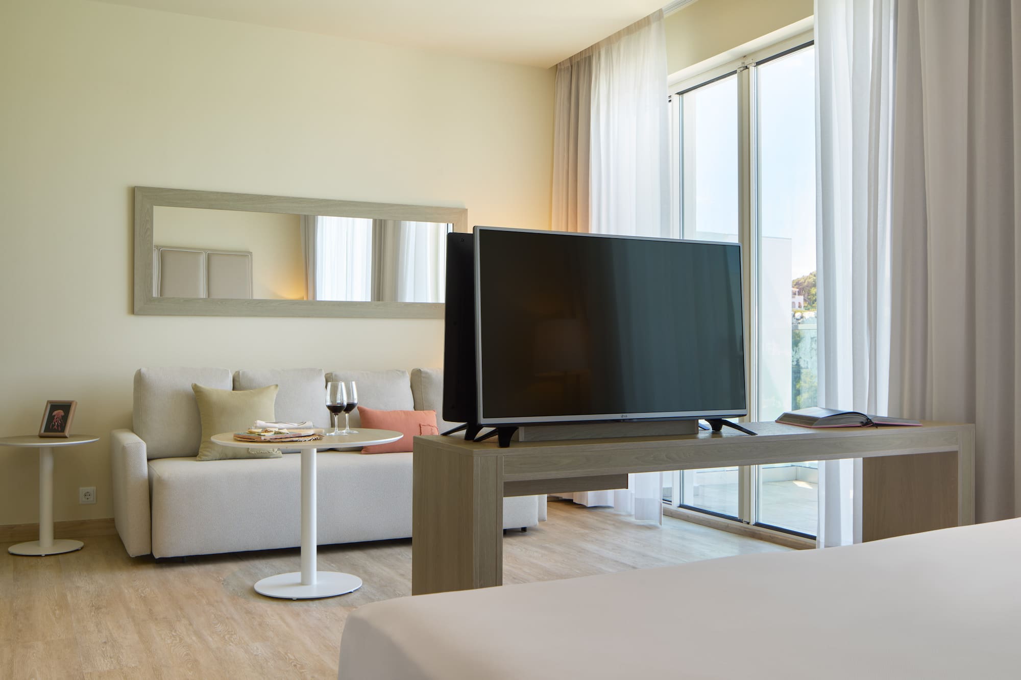 a television on a table in a room