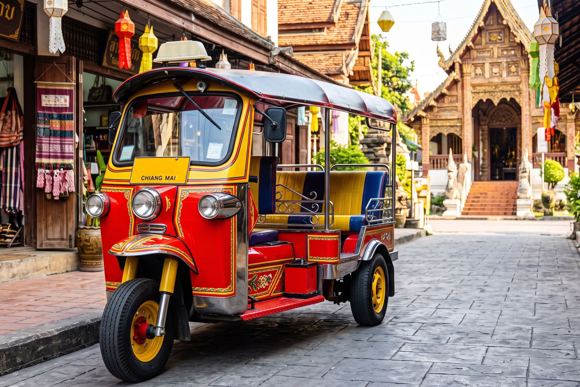 Chiang Mai tuk-tuk on a Thai street with temple and traditional shops.
