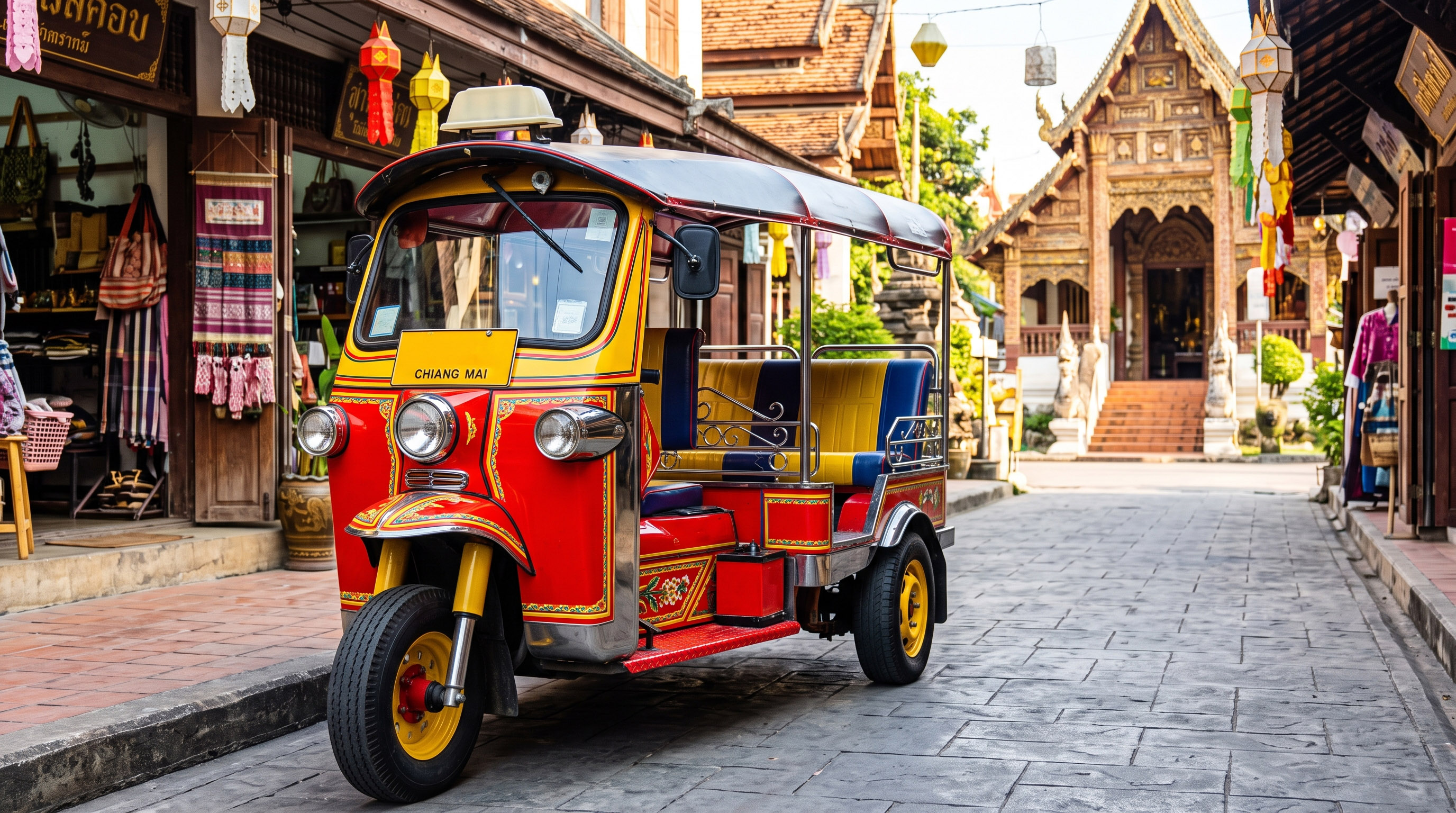 Chiang Mai tuk-tuk on a Thai street with temple and traditional shops.