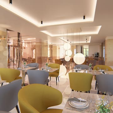 a room with tables and chairs
