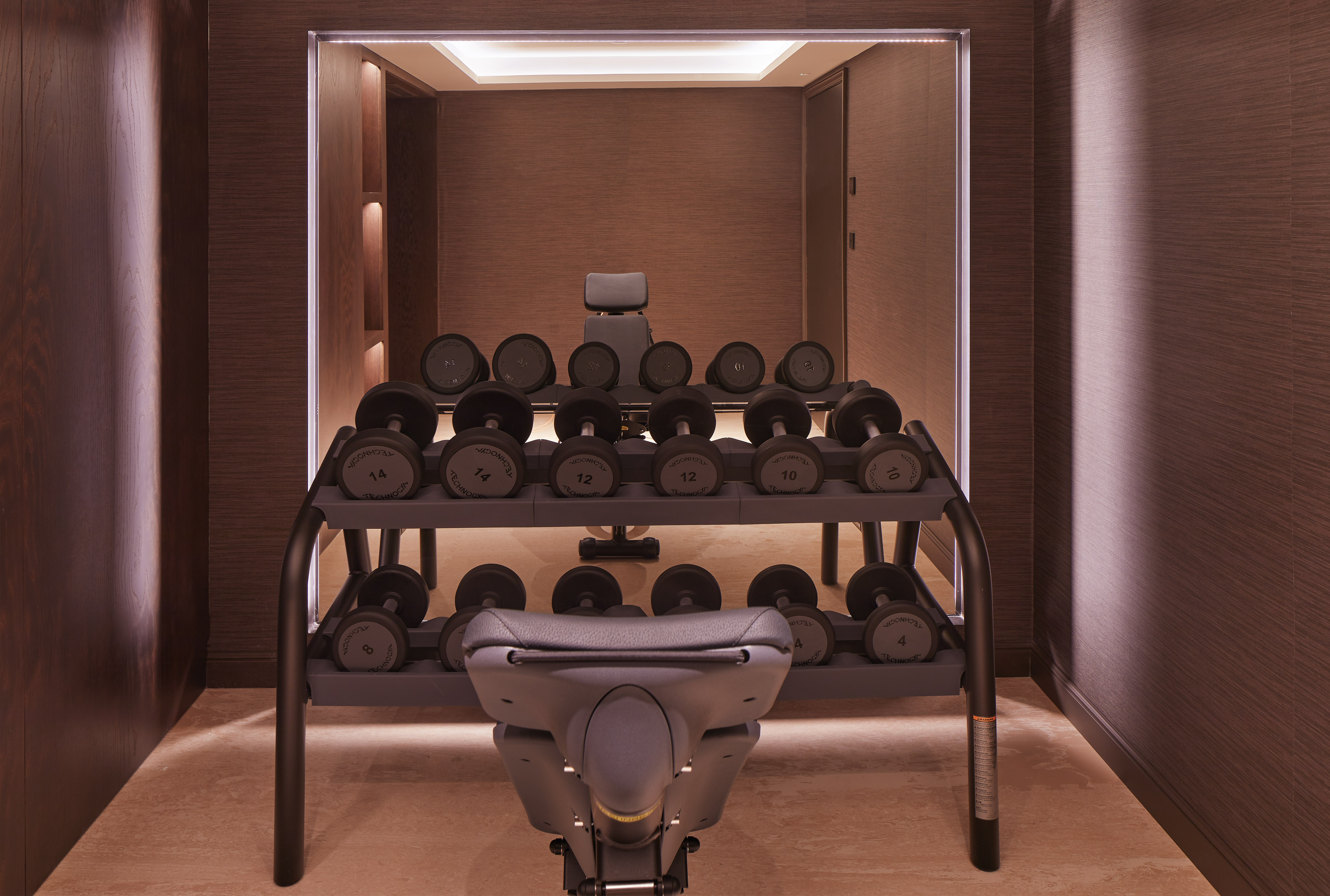 Luxury private gym with Technogym dumbbells and weight bench.
