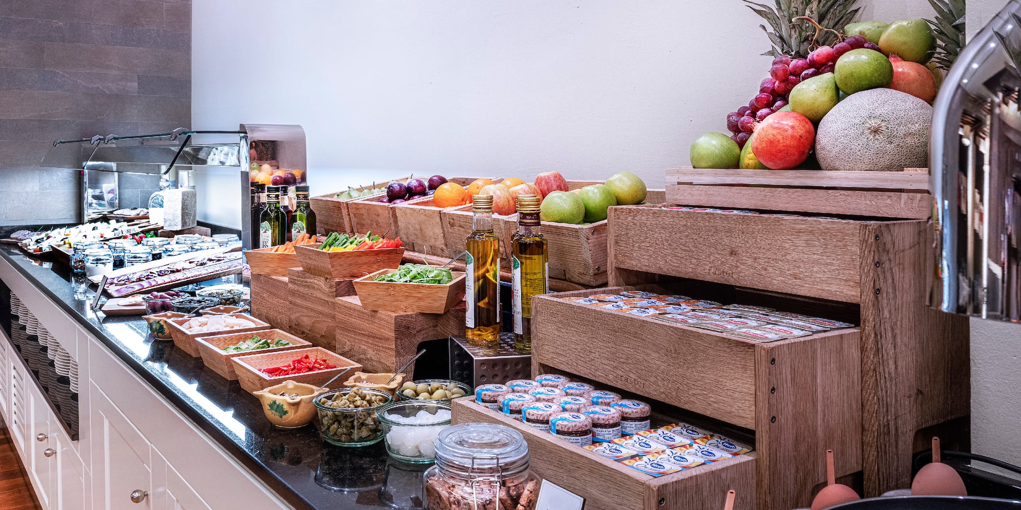 a counter with various foods on it
