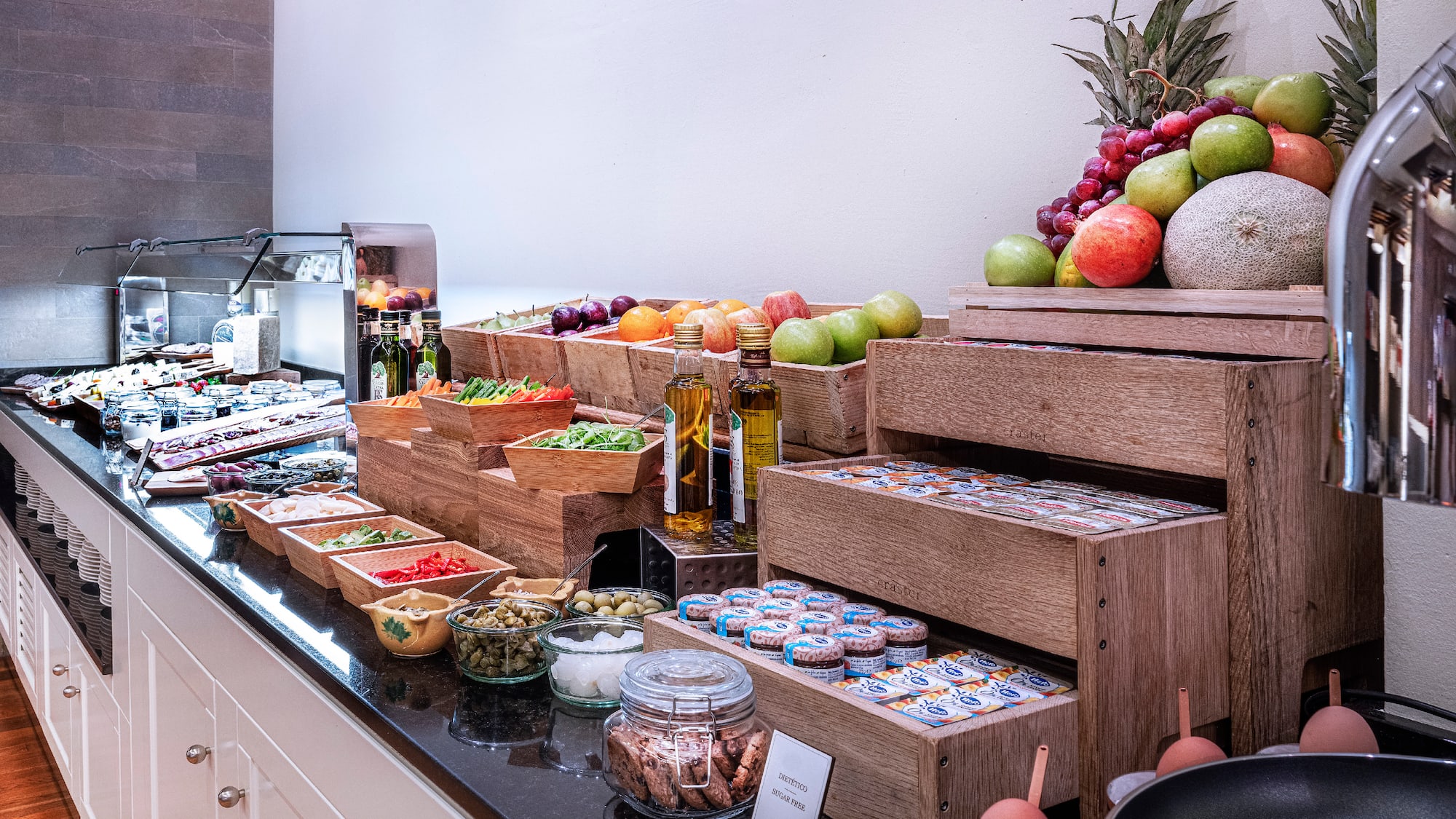 a counter with various foods on it