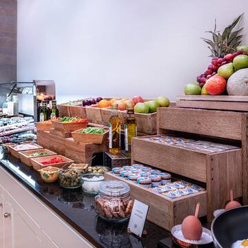 a counter with various foods on it