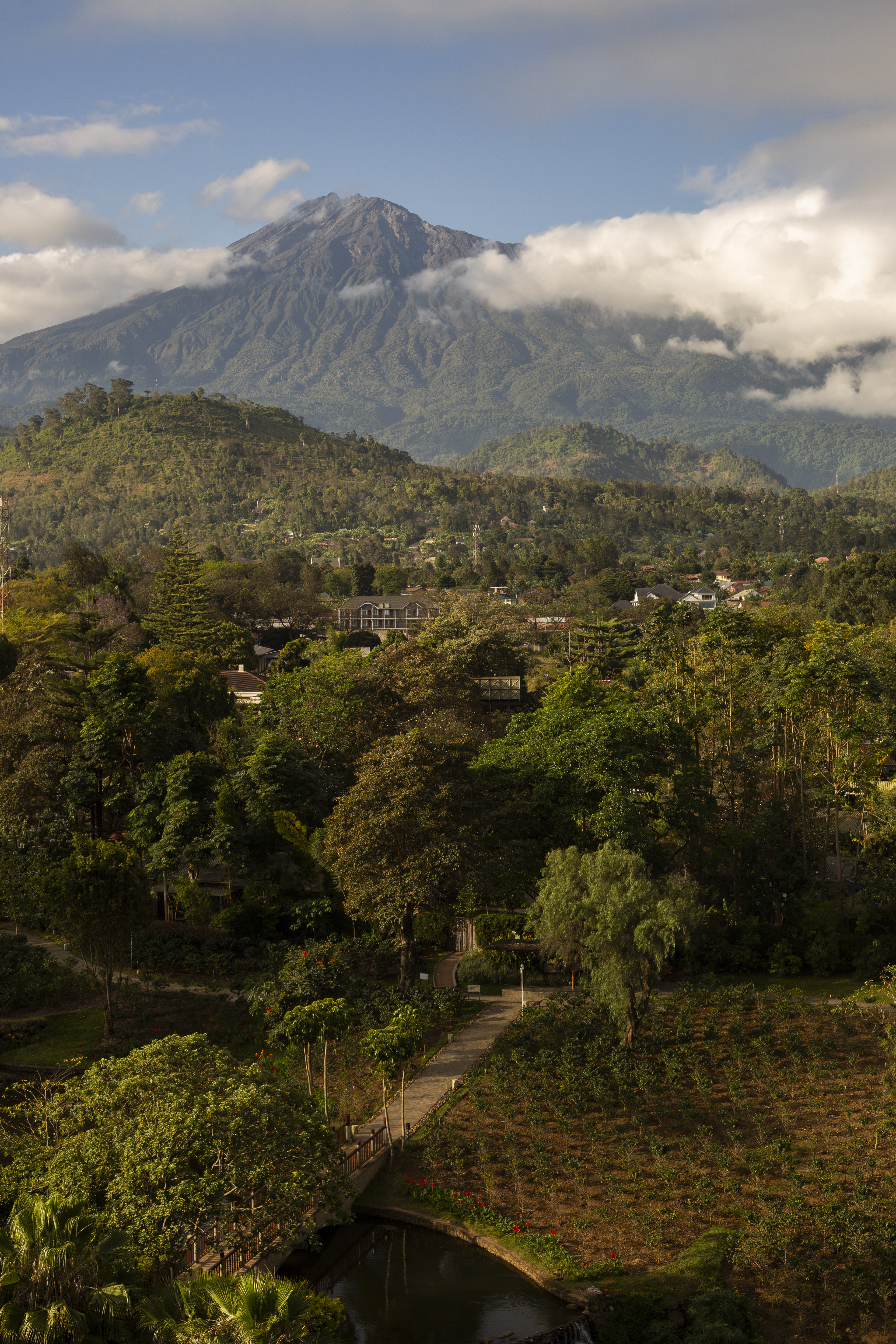 Lush valley with town, winding path, and cloud-covered mountain peak.
