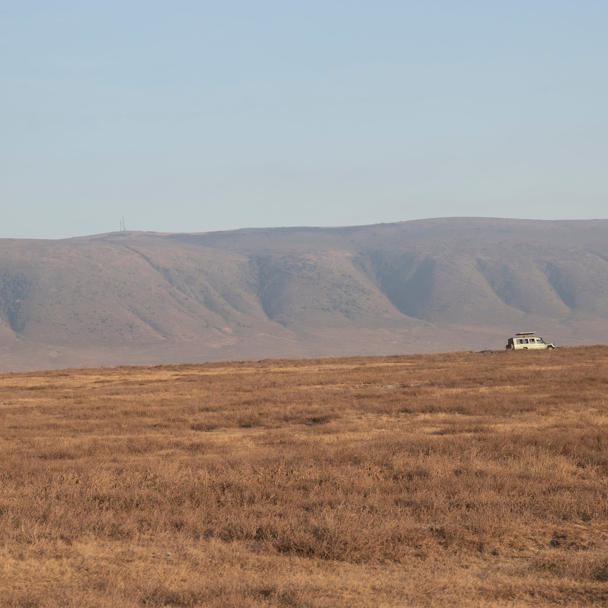 a car in a field with mountains in the background