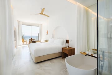 a room with a bed and bathtub