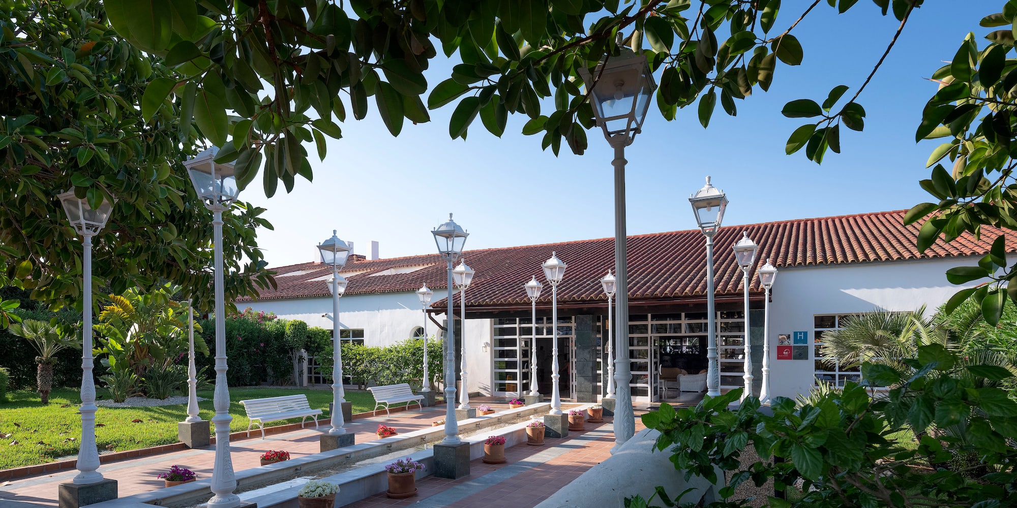 a building with white walls and trees