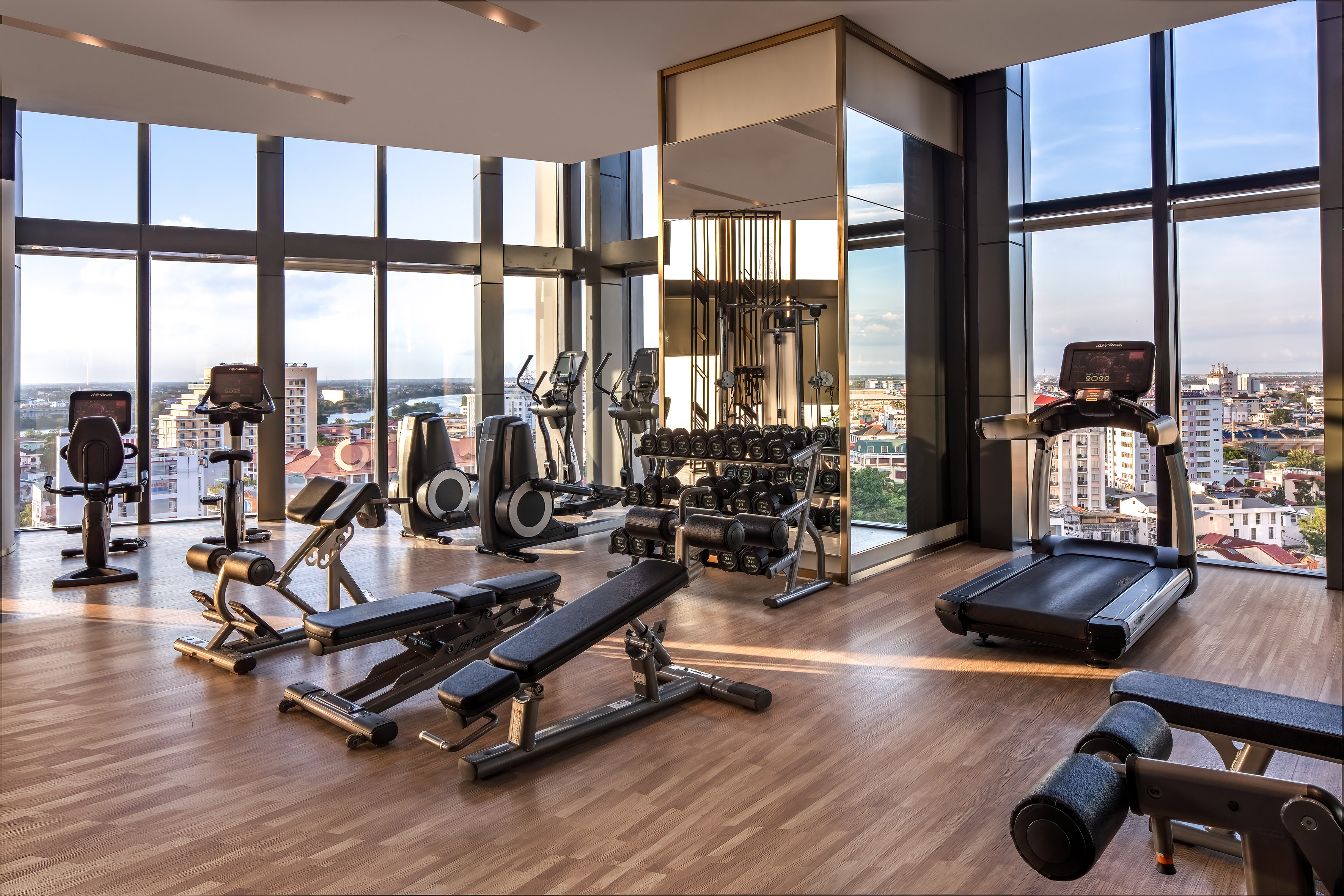 High-rise fitness center with treadmills, weights, and panoramic city views.