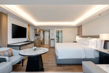 a room with a bed and a television