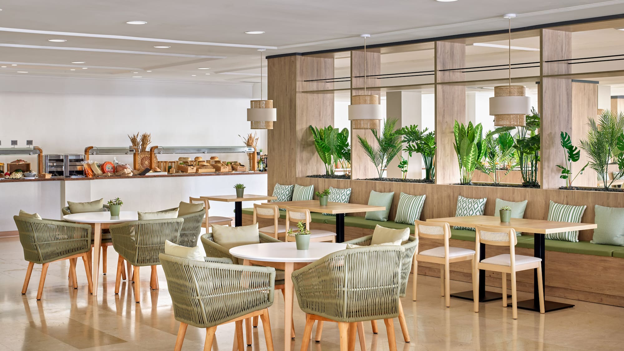 a room with tables and chairs