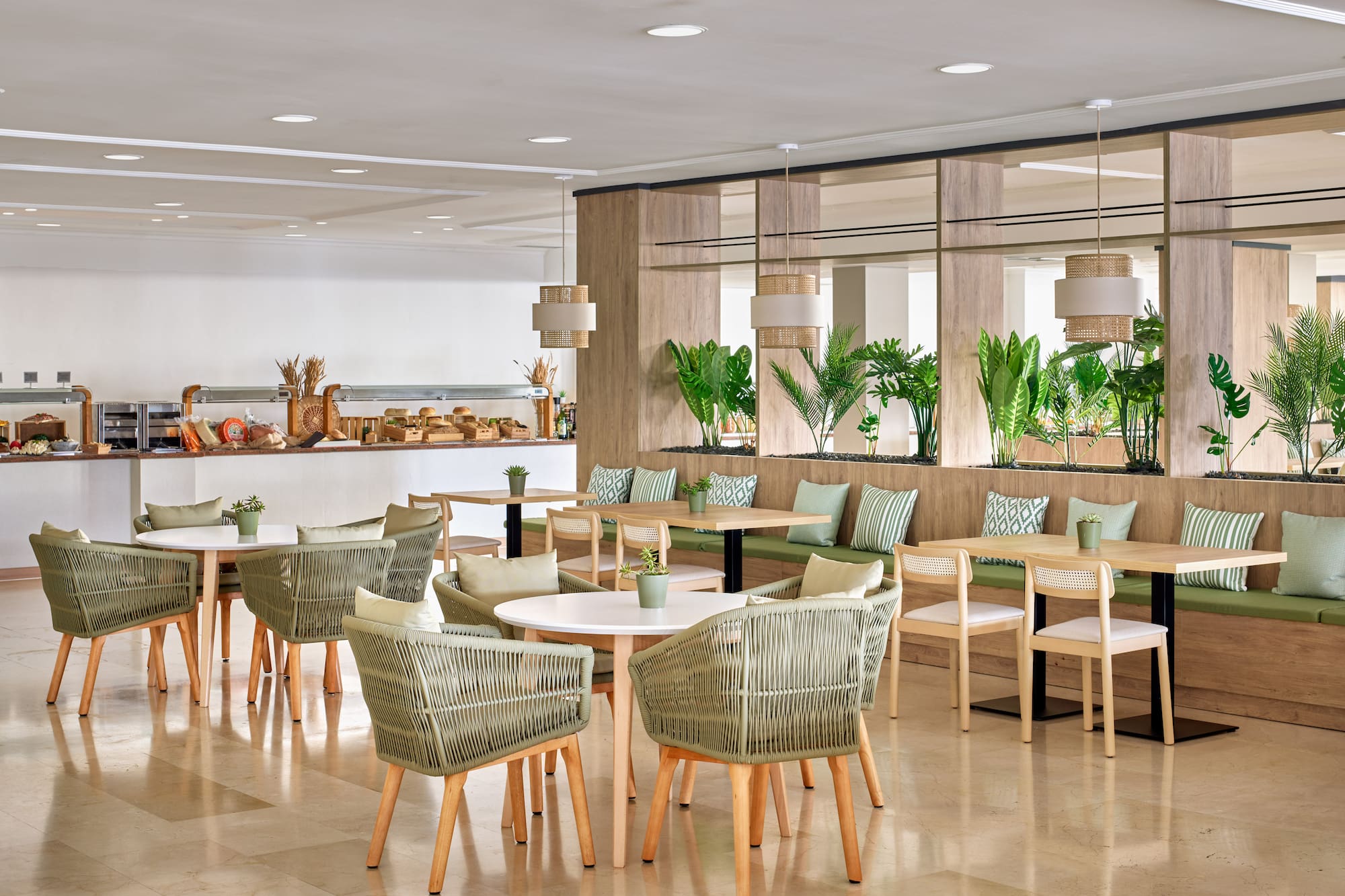 a room with tables and chairs