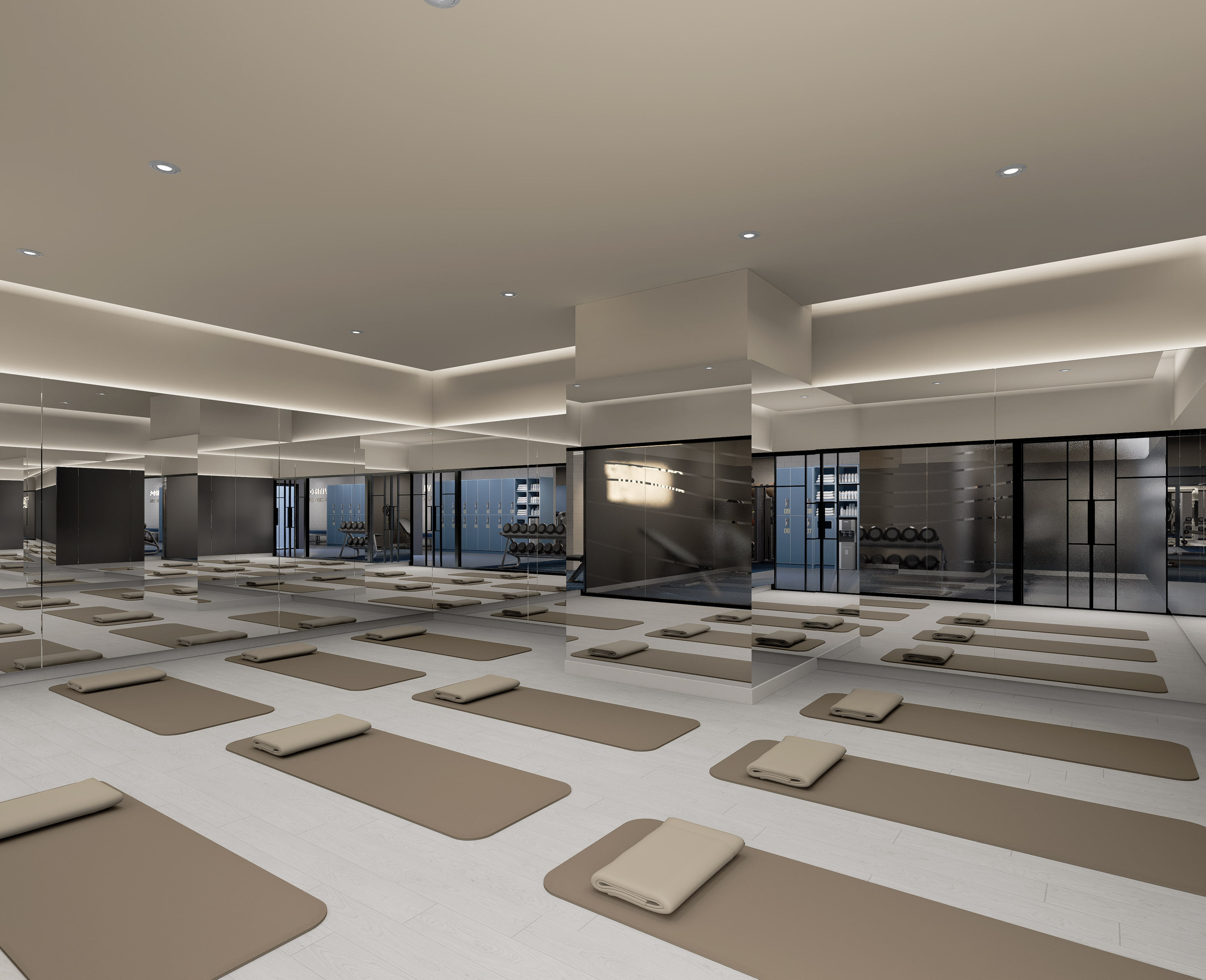 Modern yoga studio with multiple mats, mirrored walls, and visible gym equipment.