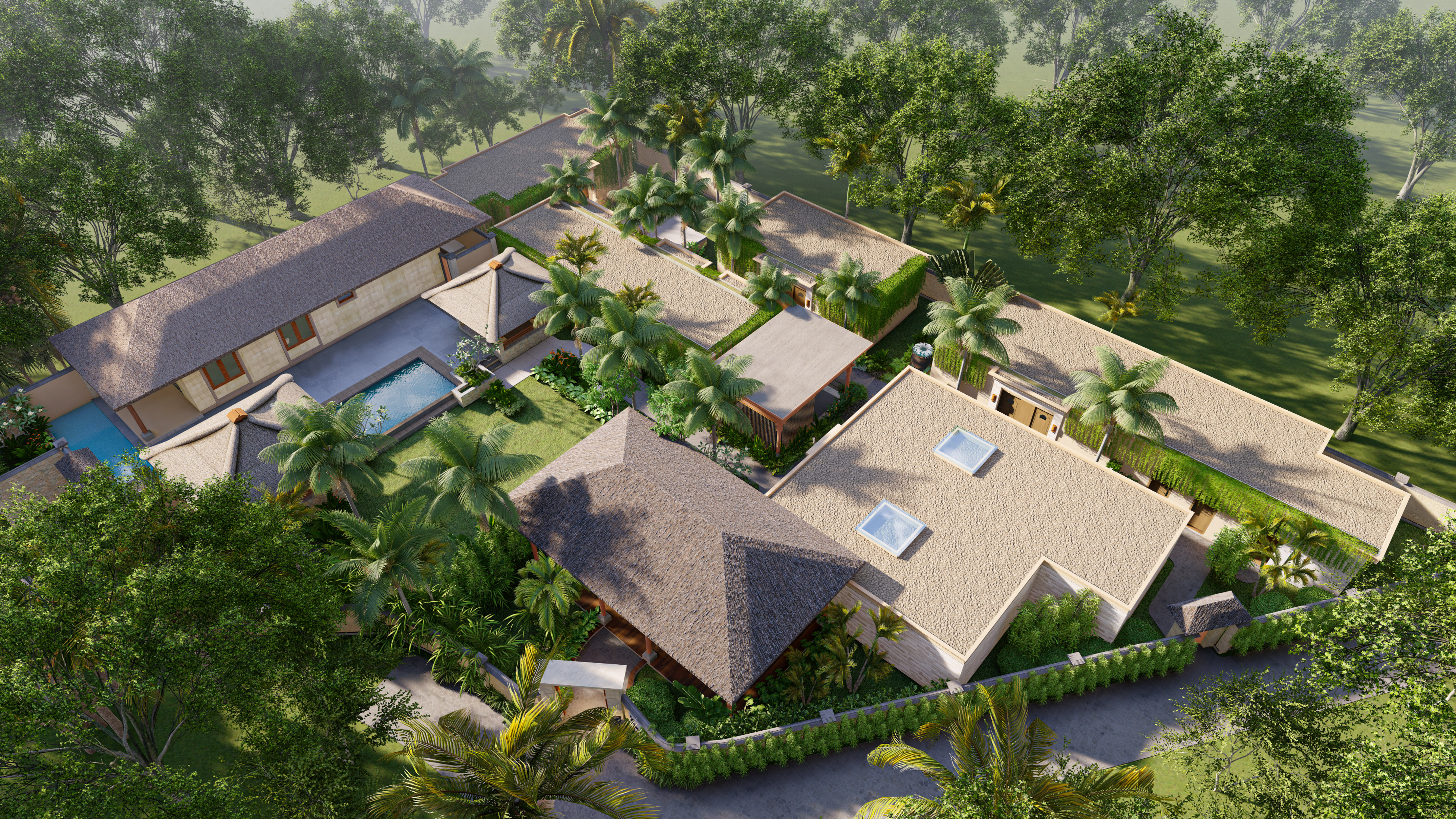 a aerial view of a house with a pool and trees