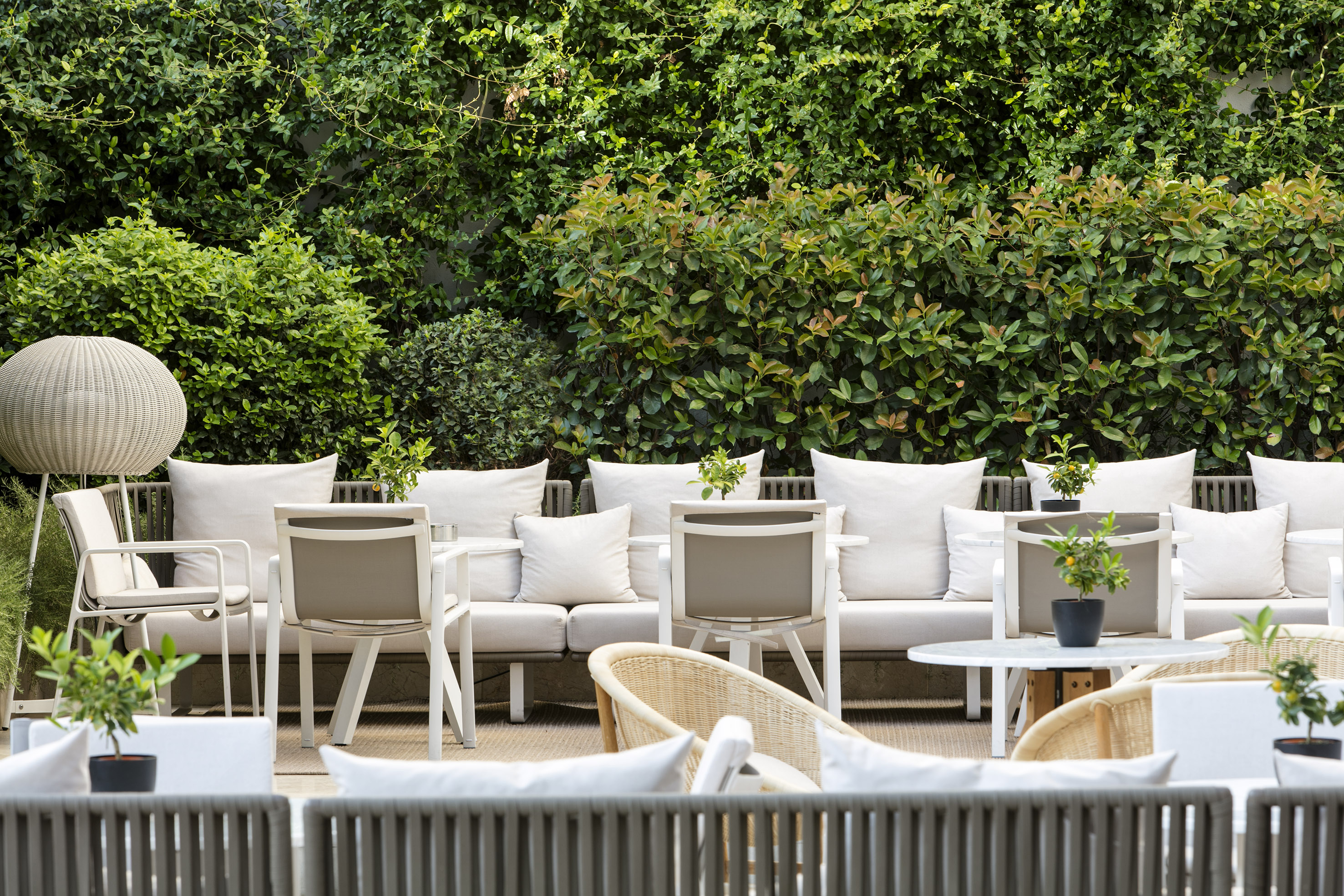 Outdoor patio with white sofas, chairs, tables, and lush green foliage.