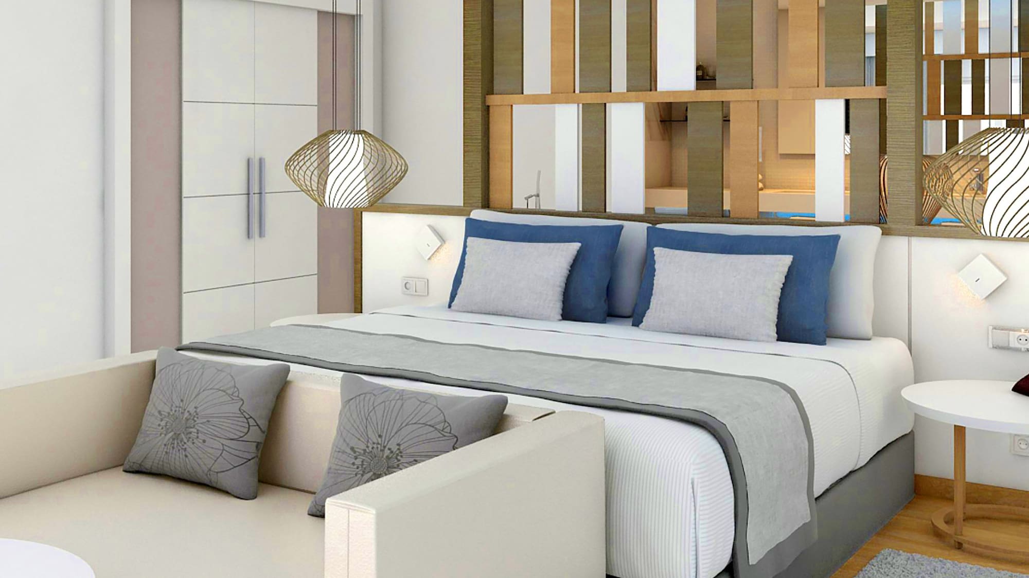 a bedroom with a bed and a couch